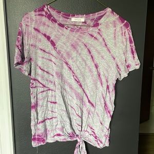 Purple and gray tye dye shirt with knot in front.